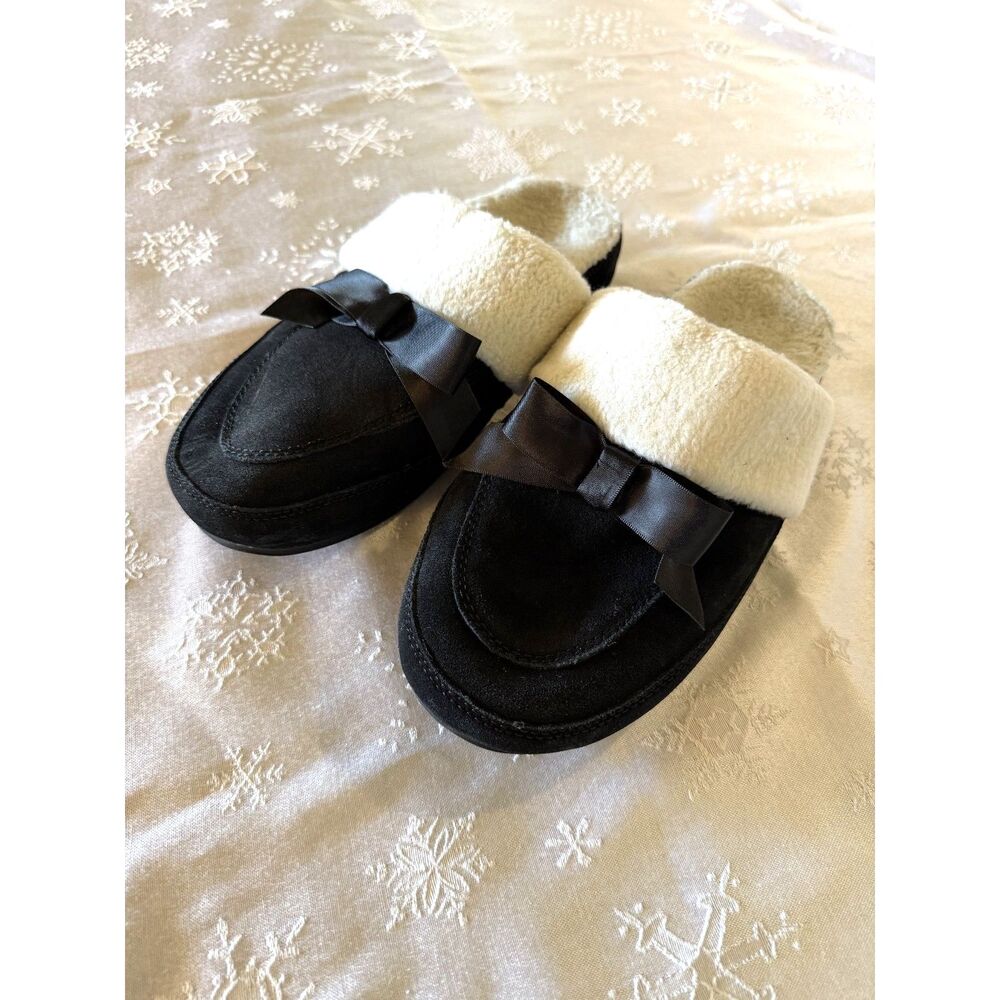 Vionic Slippers w/Bow Black Suede Leather Slides Sz 8 Gorgeous